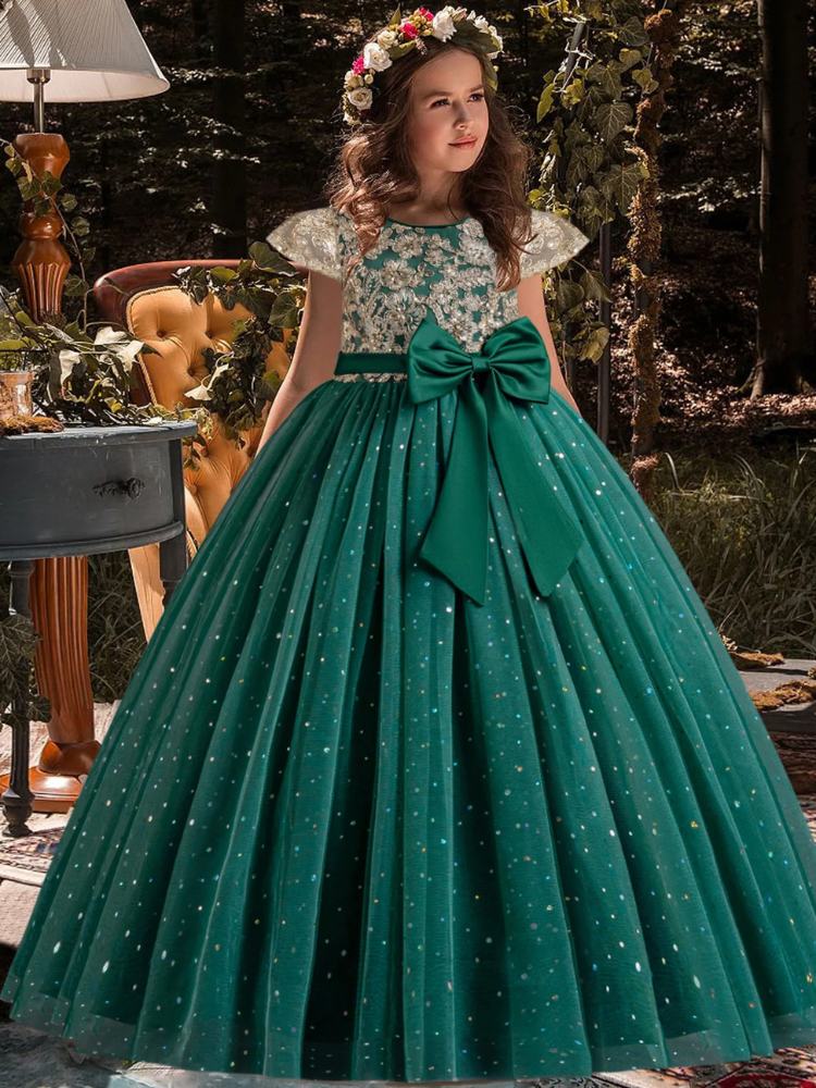 Robe pour fillette à broderie anglaise, couleur verte